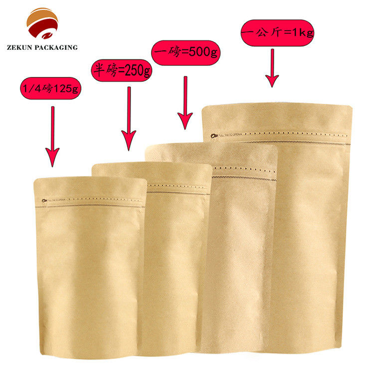 Grade de alimento fechável por calor Amarração de frutos secos de zíper Prata até 10 cores Sacos de café de papel de parede com válvula